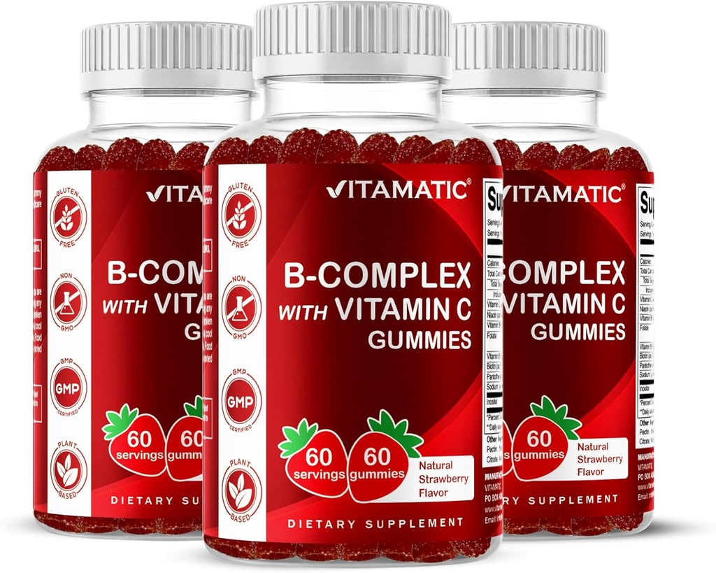 Vitamina Vitamina B Complex Gummies com Vitamina C & Inositol - Natural Morango sabor - 60 Gummies (3 garrafas)