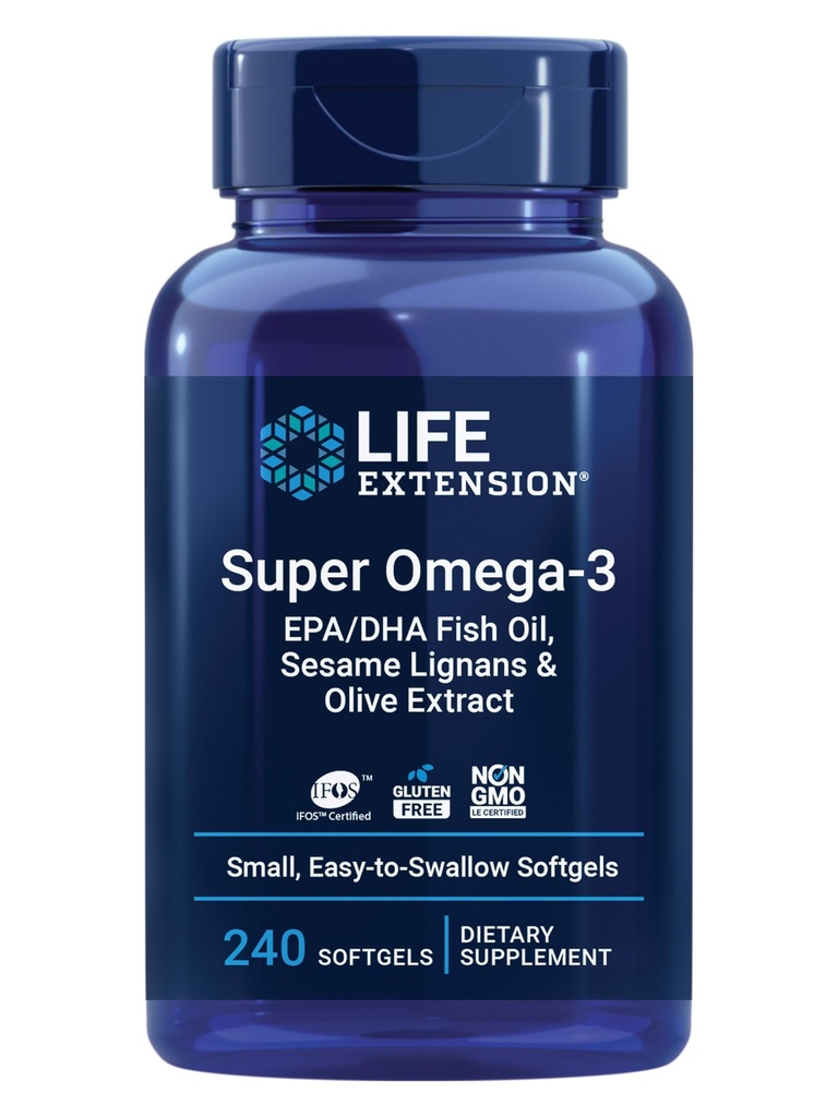 Extensão de vida Super Omega-3 EPA / DHA óleo de peixe, Lignans Sésamo e Extrato de Oliva – Saúde do coração, Saúde do cérebro, Apoio à saúde inflamação, Sem glúten, Fácil de engolir, Não-GMO, 240 Softgels