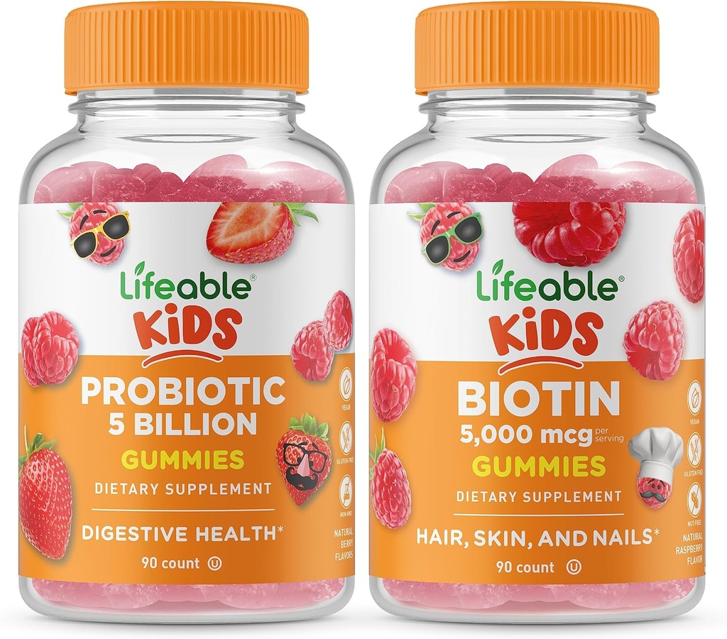 Probióticos viáveis 5 bilhões Crianças + Biotina Crianças, chicletes Bundle - Grande degustação, Suplemento de vitamina, Gluten Free, GMO Free, chiclete mastigável