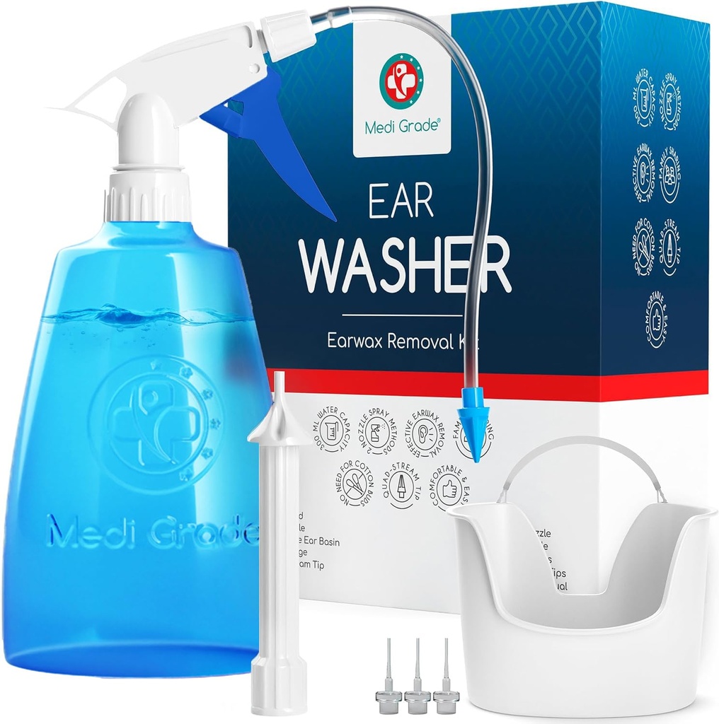 Kit de limpeza de ouvido de grau médio, incluindo frasco limpador de ouvido, bacia com ponta Quad-Stream - Kit de remoção de cera de ouvido para claridade auditiva melhorada - Ferramenta de remoção de cera de ouvido para higiene auditiva