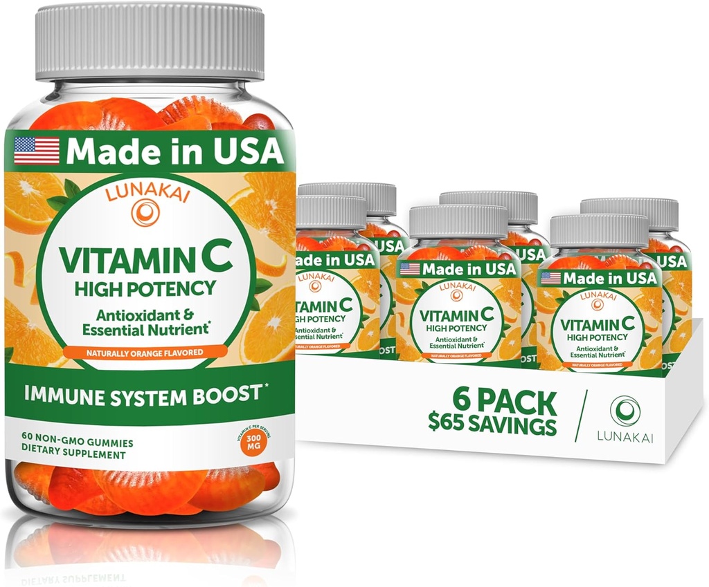 Lunakai Vitamina C Gummies para Adultos e Crianças - Vit C Orgânico Vitaminas mastigáveis Vegan Gummy - 250 mg Adulto, Crianças, Mastigador infantil - 6 Pack