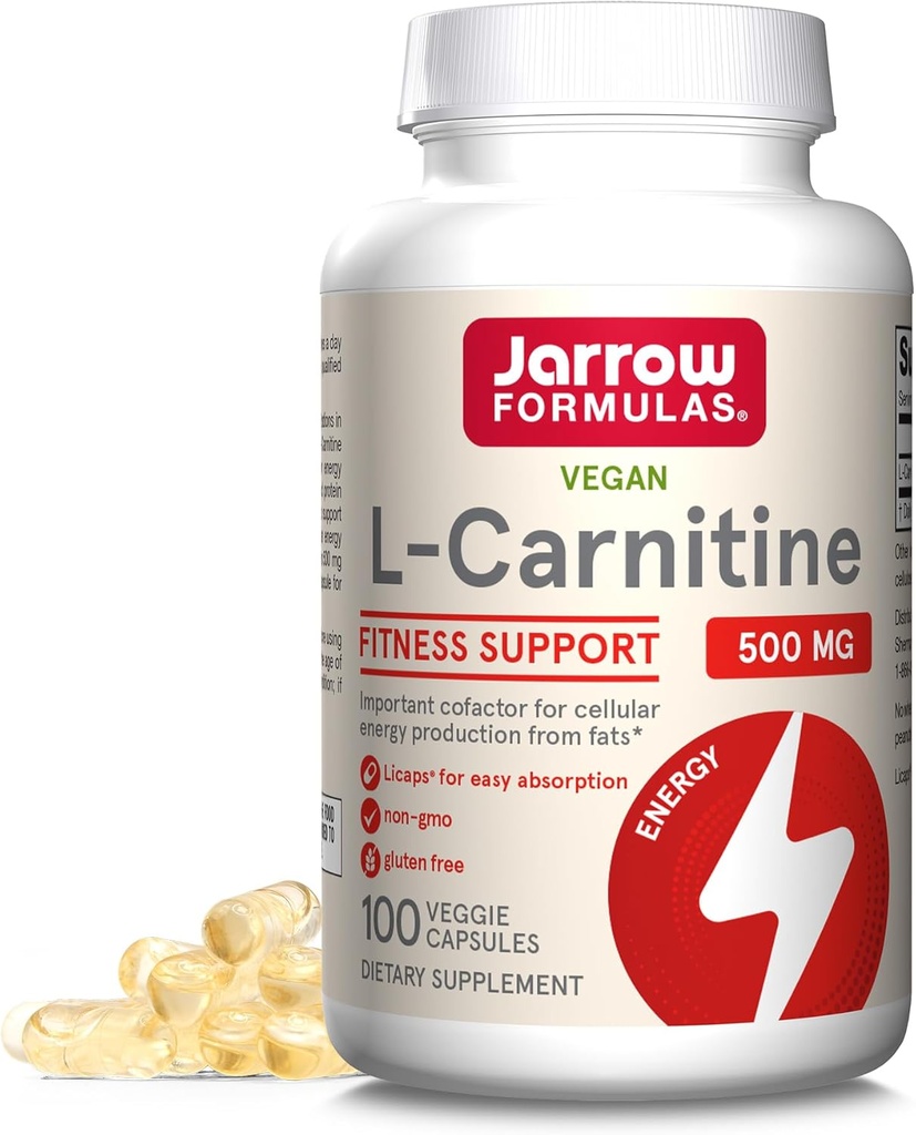 Jarrow Fórmulas L-Carnitina 500 mg - 100 Leguminosas Vegetais - Cofactor importante para a produção de energia (ATP) de gorduras - Vegan - Até 100 Servings