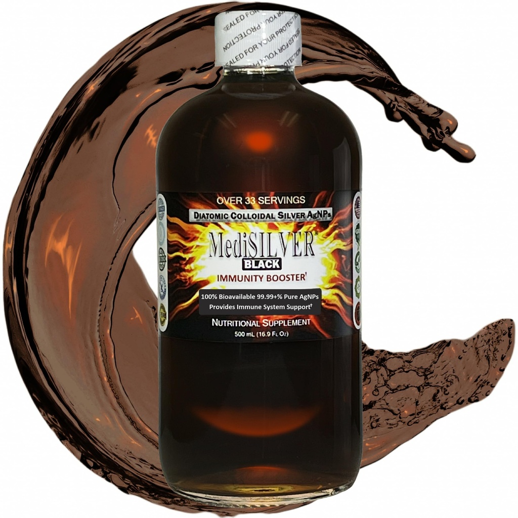 MediSILVER Immunity Black Booster Diatomical True Colloidal Silver AgNP Nutrient - 500 mL em garrafa de vidro transparente