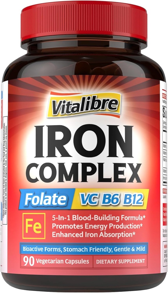 Suplemento de ferro para mulheres e homens, com vitaminas C, B6, B12 e folato para deficiência de ferro, Construção de sangue e suporte energético, Estômago amigável, melhor absorção, Não-GMO, Sem glúten, 90 tampas Vegan