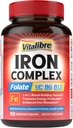 Suplemento de ferro para mulheres e homens, com vitaminas C, B6, B12 e folato para deficiência de ferro, Construção de sangue e suporte energético, Estômago amigável, melhor absorção, Não-GMO, Sem glúten, 90 tampas Vegan