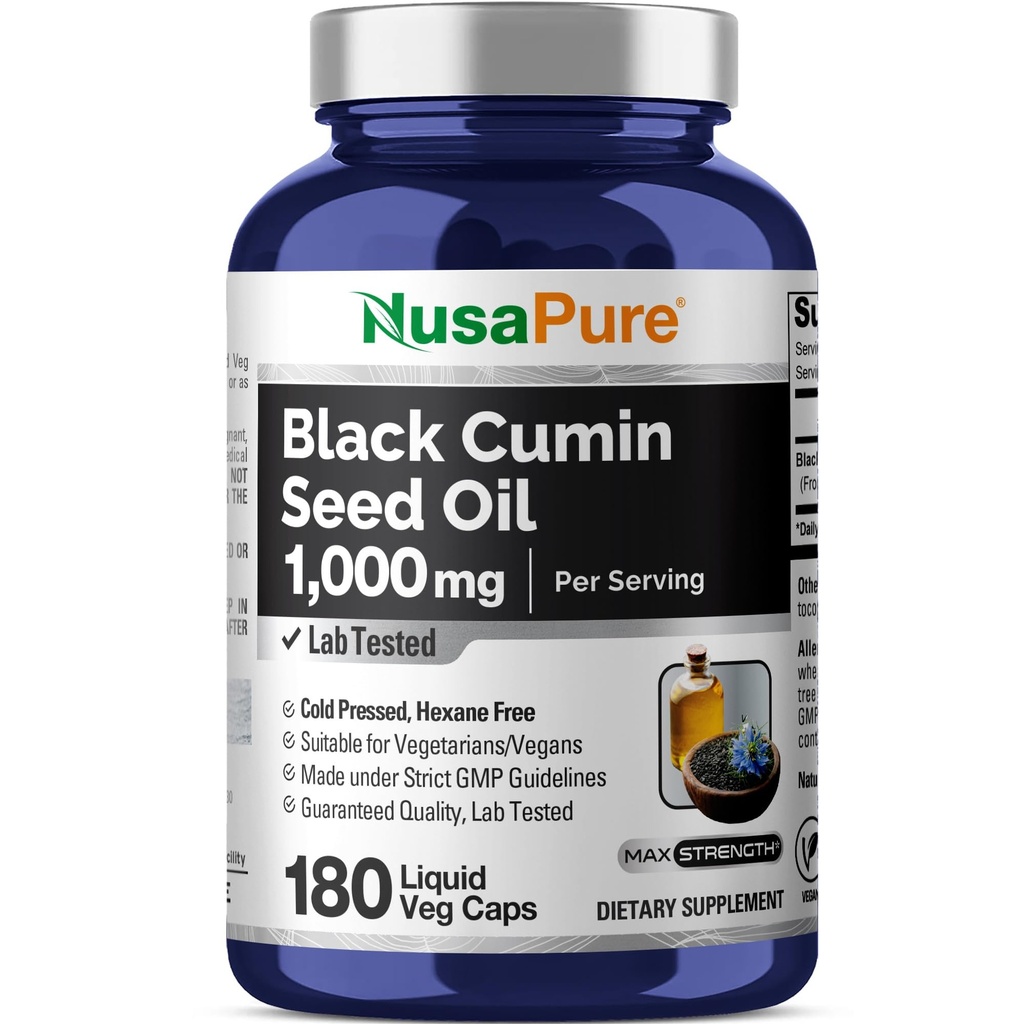 NusaPure Black Seed Oil 1.000 mg por Servindo 180 Cápsulas Softgel (Não-GMO, Vegetariano) Virgem Nigella Sativa Pressed a Frio. Hexane Livre