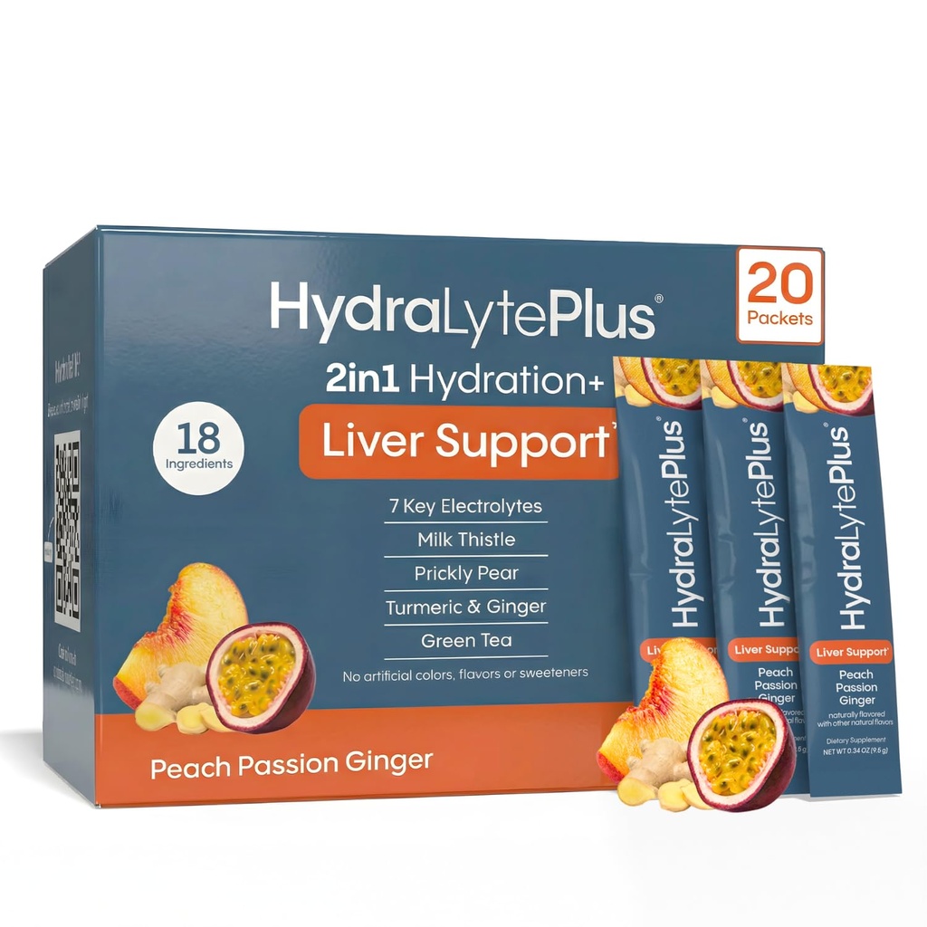 Suporte Hidralyte Fígado + Mistura de Eletrolíticos com Cardo de Leite, Açafrão, Ginger, Prickly Pear, Extrato de Chá Verde Formulado para Reidratação Rápida (Peach Passion Ginger, 20 pacotes)