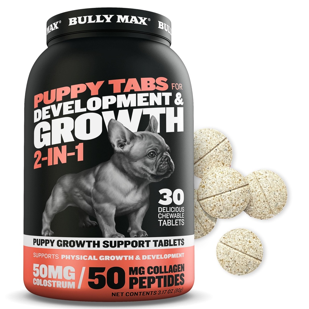 Bully Max 2-em-1 Vitaminas de cachorro - 30 comprimidos mastigáveis para o desenvolvimento e crescimento de filhotes - Doces de cachorro, vitamina e suplementos para cães pequenos e filhotes de crescimento de grande raça - pode ser usado como Topper de alimentos