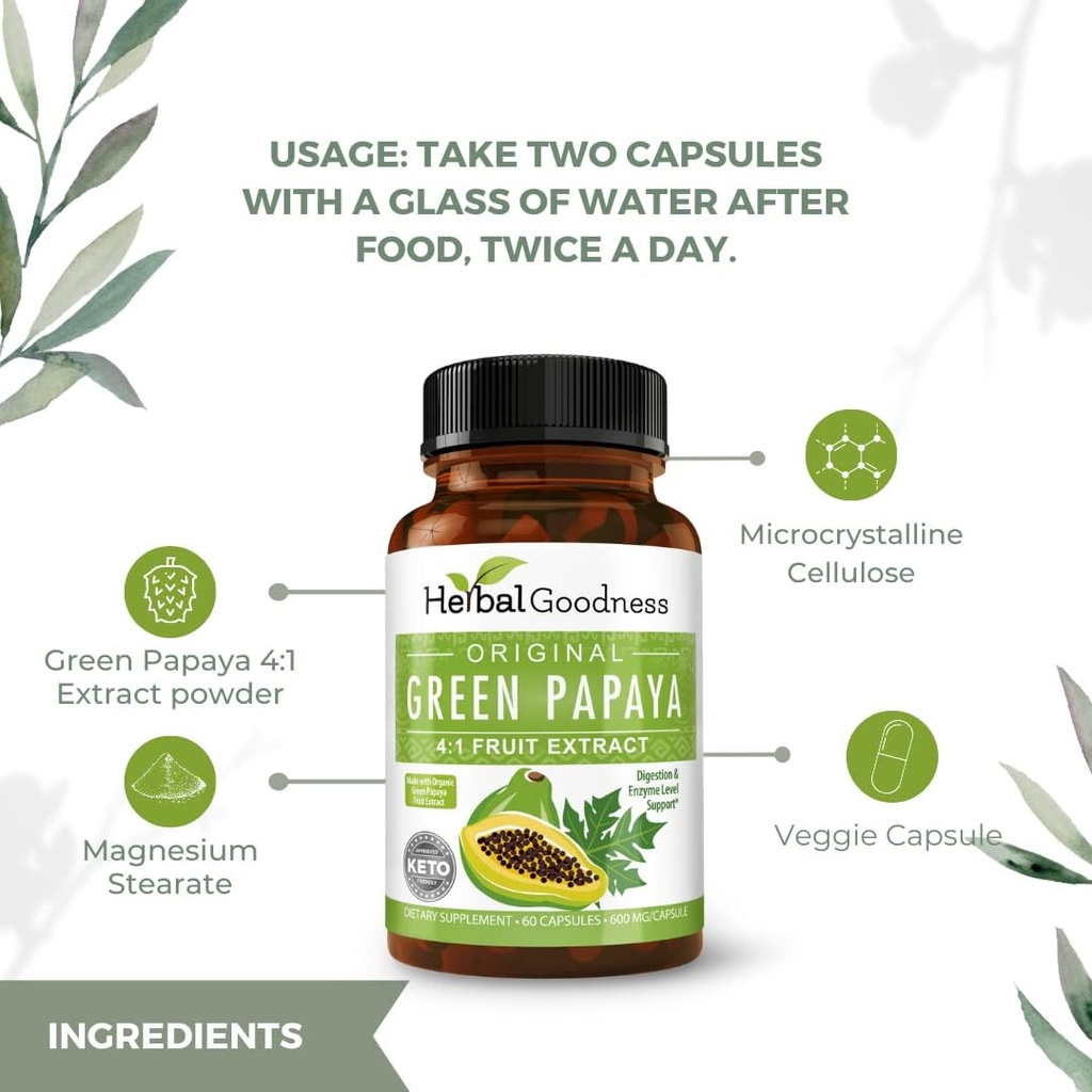 Cápsulas de Papaya Verde 4X Força, Folha de Papaya Orgânica e Extrato de Frutas para Plaquetas, Saúde Digestiva, Enzimas, Probióticos, Antioxidantes – 600mg, 60 Cápsulas, Caso de 12 – Bondade de Ervas
