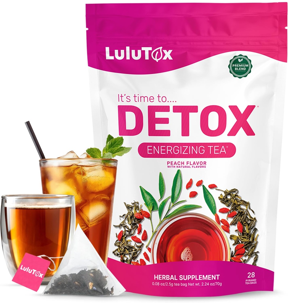 LULUTOX Detox Tea - chá de emagrecimento com dente-de-leão e Ginseng para apoiar metas de limpeza de detox, barriga plana, inchaço, peso saudável e saúde digestiva - Mulheres e homens - Flavor de pêssego (28 Servings)