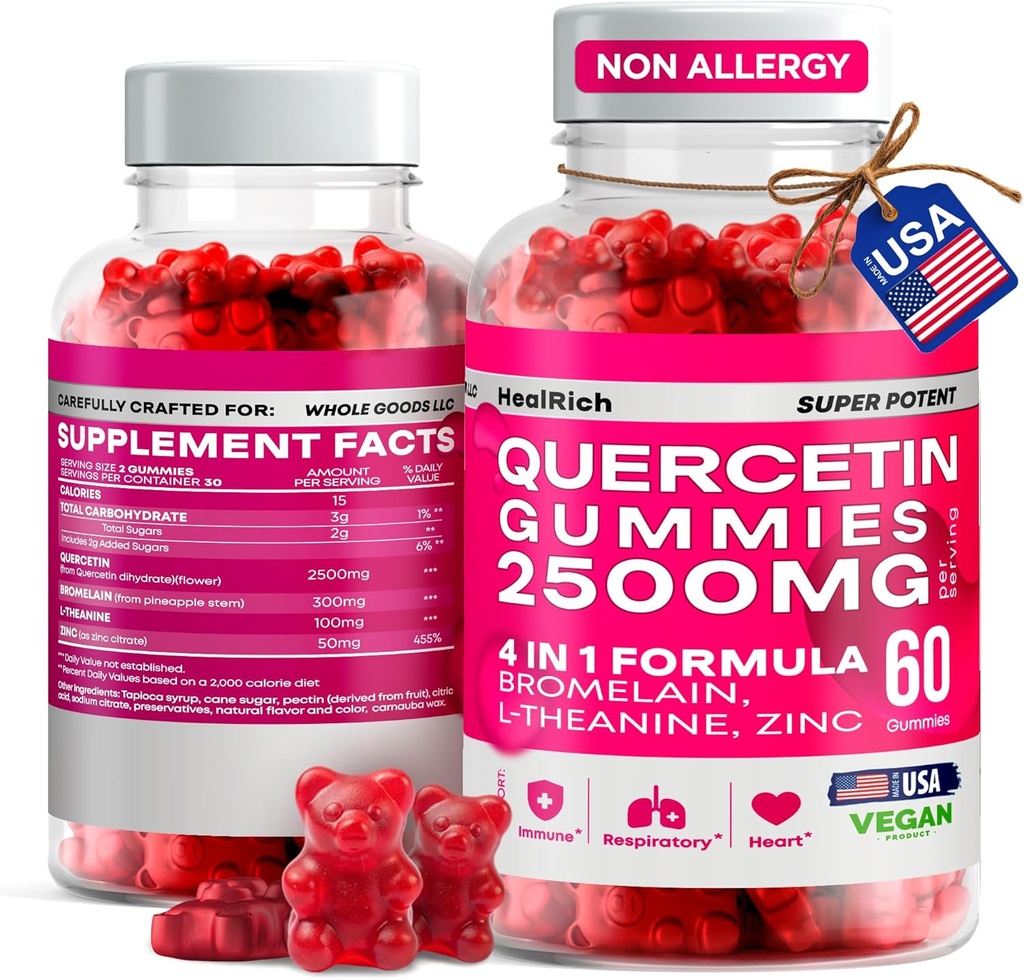 Quercetin Gummies - 2500MG Quercetin com Bromelain L-theanina & Zinc - Puro suplemento para sistema imunológico Lung e suporte de alergia - Immunity Booster Vegan Suplementos para crianças e adultos - Made in US