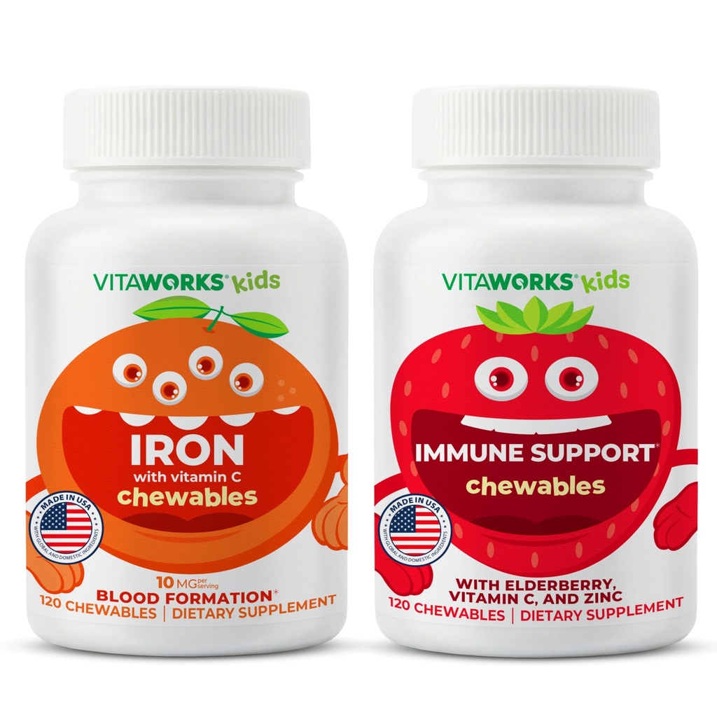 Crianças Ferro 10mg + Vitamina C Mastigables + Elderberry + Zinco + C Mastigables Bundle