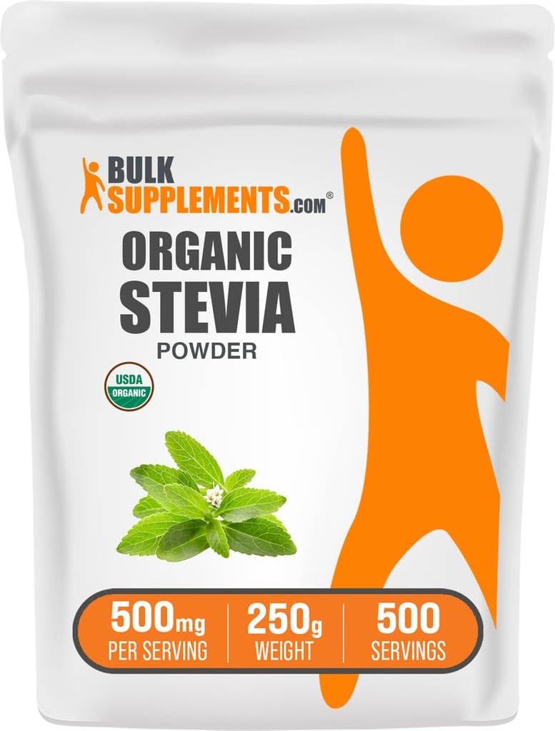 BulkSuplements.com Orgânico Stevia Pó - Puro adoçante, Fonte de folhas de Stevia, Suplemento de ervas - Vegan & Gluten Grátis, 500mg por serviço, 250g (8.8 oz) (Pacote de 1)