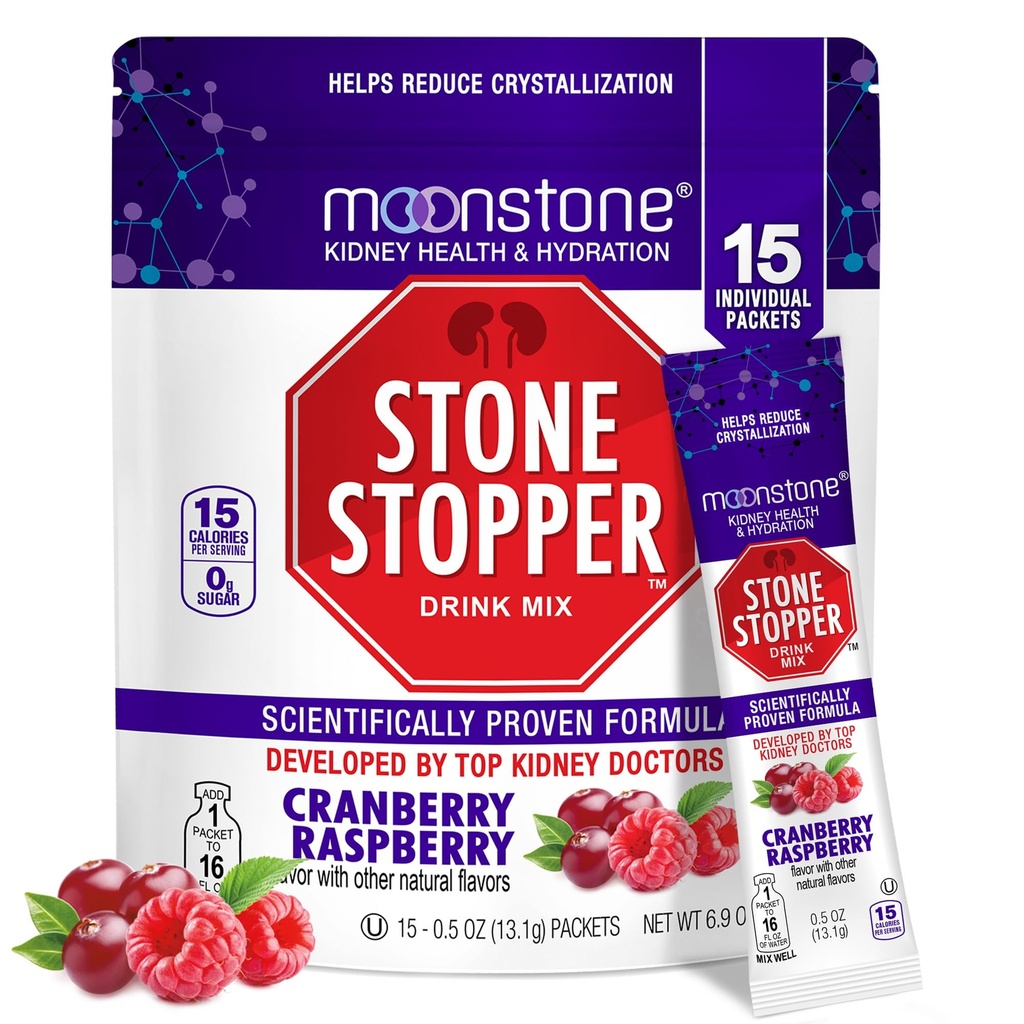 Moonstone Stone Stopper Drink Mix, Framboesa de Amora, Prevenção de Pedra do Rim, Protetor de Oxalato de Cálcio, Desenvolvido por Urólogos para melhorar a hidratação e apoiar a saúde do rim, 15 dias de fornecimento