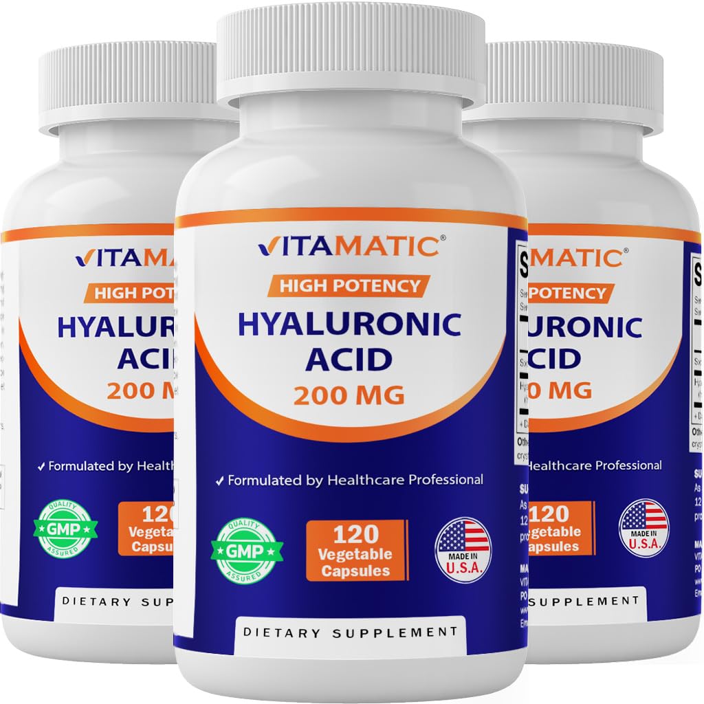 Vitamatic 3 Pack Suplementos de ácido hialurônico 200mg - Suporta tecido conectivo saudável e articulações - Promover a pele saudável jovem - Total 360 Cápsulas