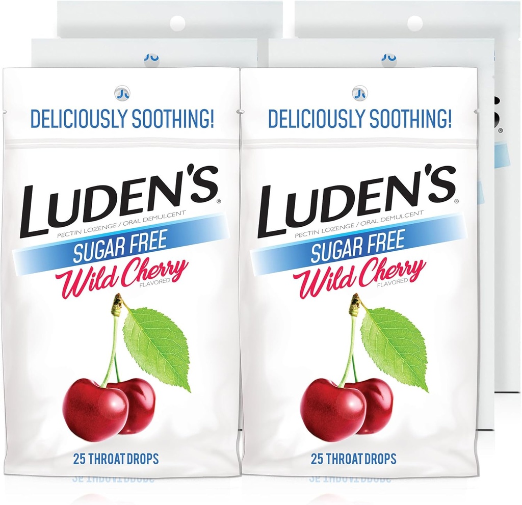 Gotas de Garganta de Cereja Selvagem Livre de Açúcar de Luden, Alivio da Garganta Dolorosa, 25 Count (6 Pack)