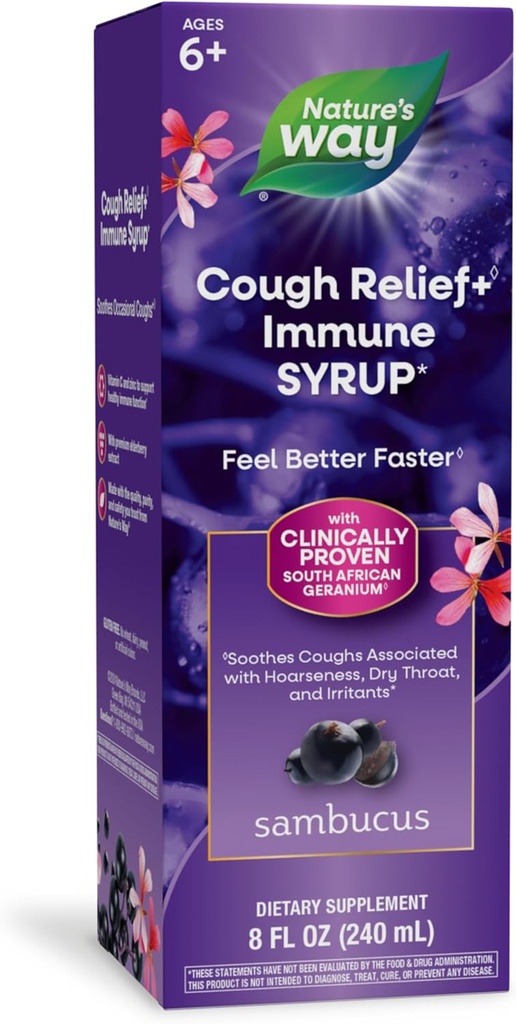 Maneira da natureza Sambucus Cough Relief +(1) Imune Syrup*, Sinta-se melhor mais rápido(1), Clinicamente provado Gerânio Sul-Africano, com Elderberry Extract, Vitamina C & Zinc, 8 Oz (Packaging May Vary)