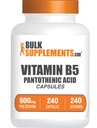 BulkSuplementos.com Cápsulas Vitamina B5 - como Ácido Pantotênico, Suplemento B Vitamina, Ácido Pantotênico 500 mg - Gluten Grátis, 1 Cápsula por Serviço, 240 Cápsulas (Pacote de 1)