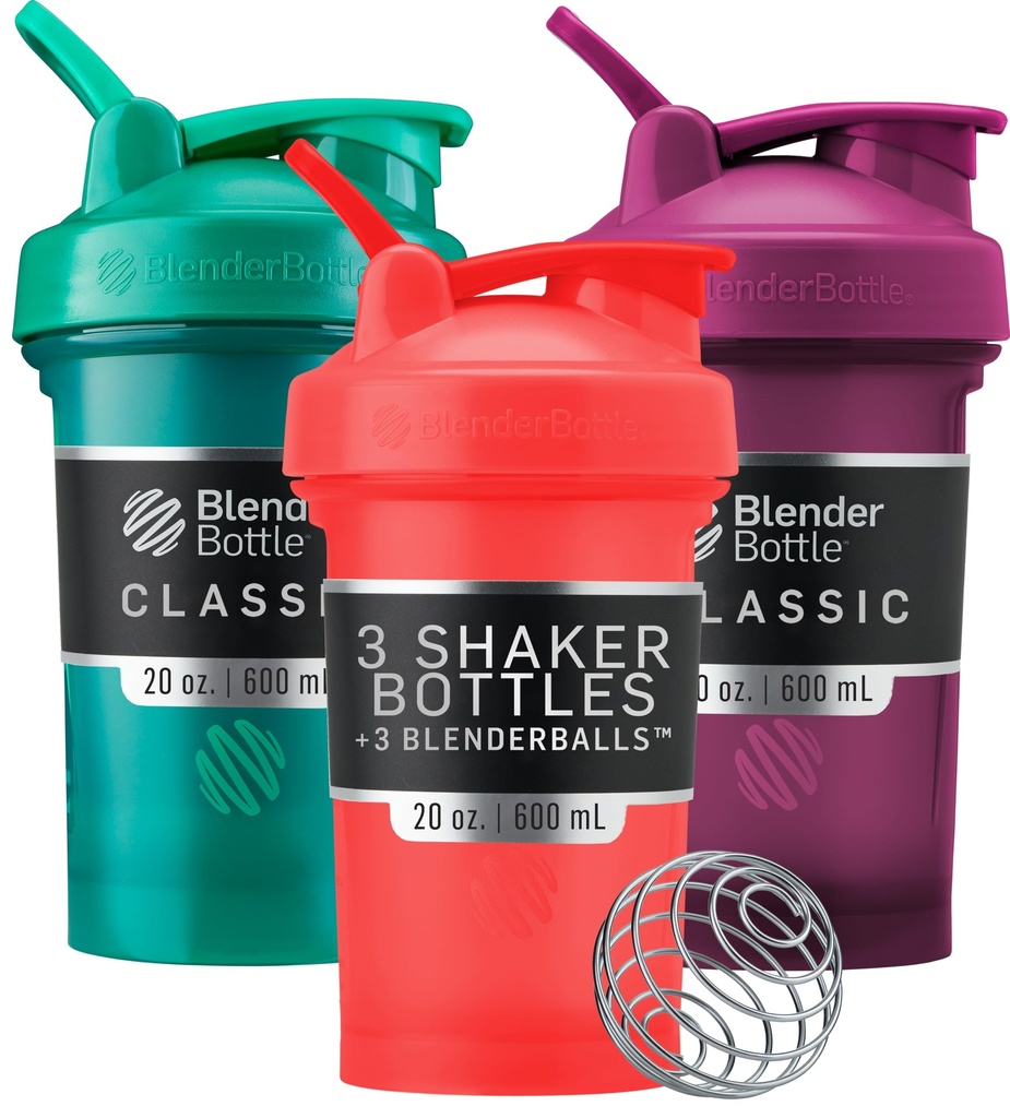 BlenderBottle clássico frasco de shaker V2 perfeito para batidos de proteína e pré-treino, 20-onça (3 pacote), vermelho, verde, ameixa