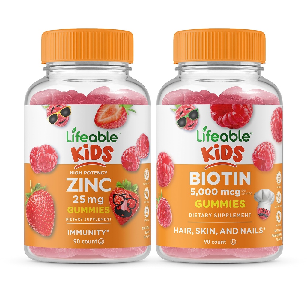 Zinco vivo 25mg Crianças + Biotina Crianças, chicletes Bundle - Grande degustação, Suplemento de vitamina, Gluten Free, GMO livre, chiclete mastigável