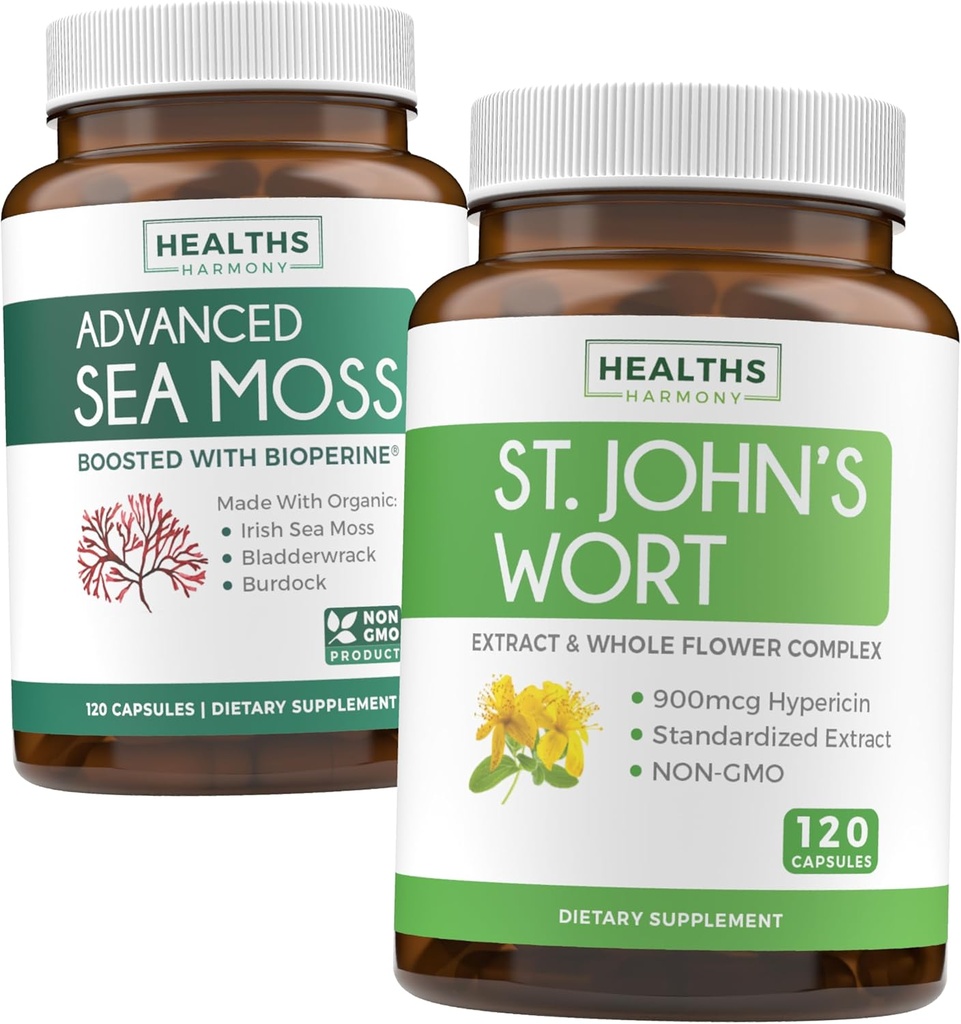 Sea Moss & St. John's Wort (2-fornecimento de mês) Mood Moss Blend - Orgânico Irish Sea Moss - Raw Vegan Suplemento (120 Caps) & St John's Wort com poderoso 900mcg Hypericin Vegan Non-GMO (120 Cápsulas)