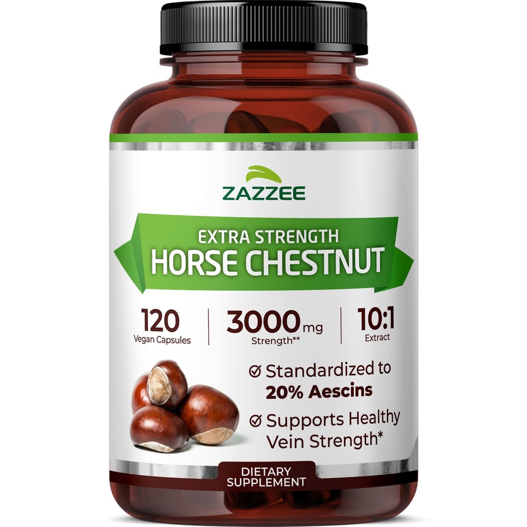 Zazzee extra força cavalo castanha 10:1 Extrato, 3000 mg de força, 20% Aescins, Fornecimento de 4 meses, 120 cápsulas Vegan, concentrado e padronizado 10X Extrato, All-Natural, Não-GMO, Made in the USA