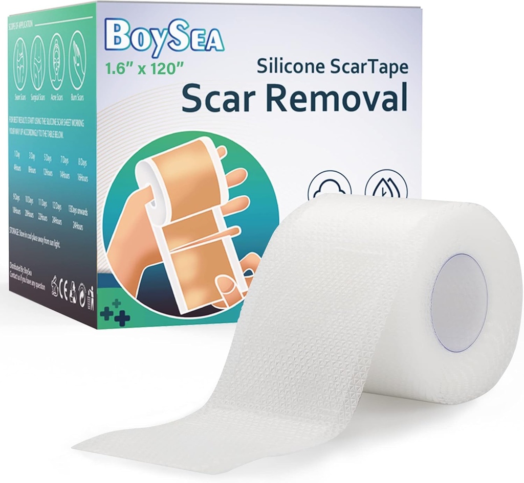 Boysea Silicone Scar Sheets (1,6" x 120") Fita clara de Silicone Scar - Tratamento de remoção de cicatrizes - Tiras de cicatriz reutilizáveis para Keloid, C-Seção, Queimar, Cicatrizes Cirúrgicas