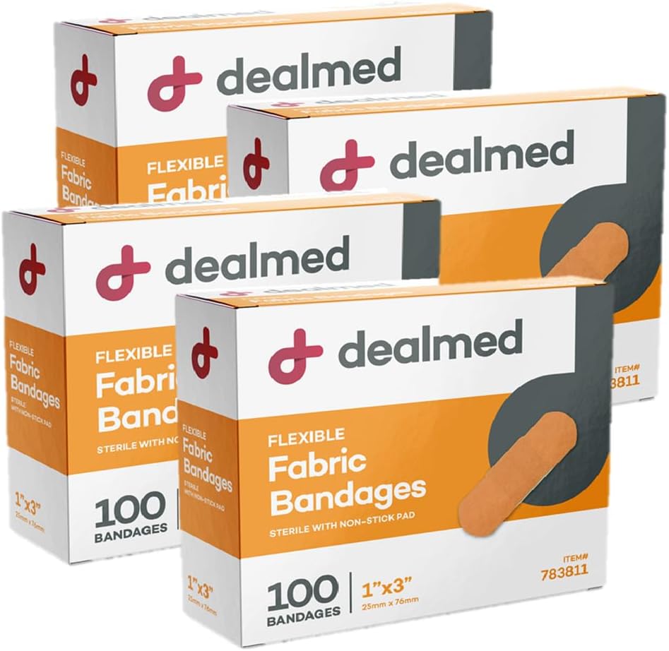 Dealmed Sterile flexível tecido adesivo bandagens - 1x3 Polegada - 100 / Caixa - 4 caixas - Primeiros socorros respirável Strip Pack - Patch Soft Stretch ferida para kits médicos, de emergência e clínica