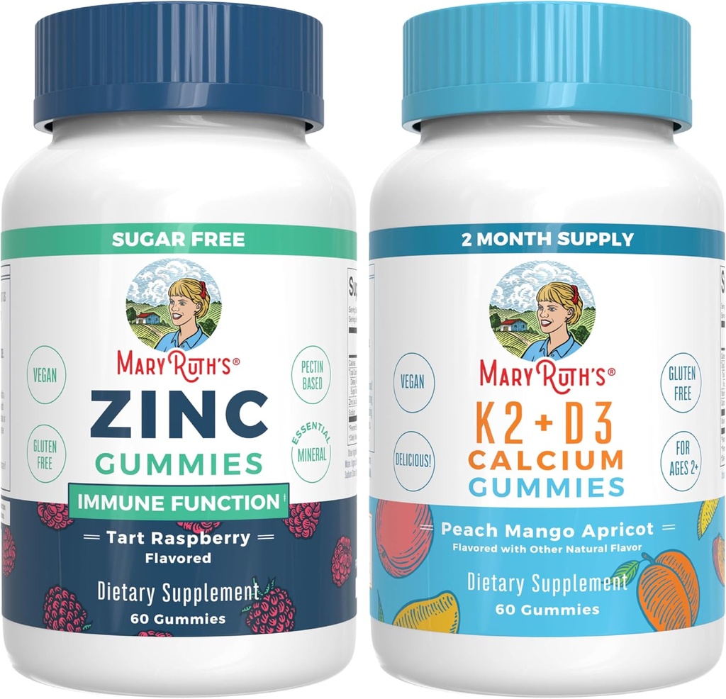 MaryRuth Organics Zinc (Tart Framboesa) & Vitamina K2+D3 Pastilhas de cálcio (Mango de pêssego e damasco)
