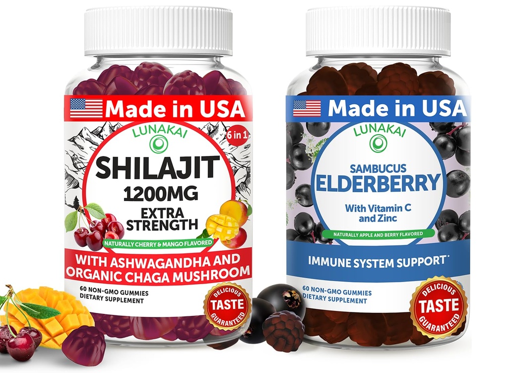 Lunakai EUA Made Shilajit & Elderberry Gummies Bundle – Energia e Imune Support – Não-GMO & Delicious