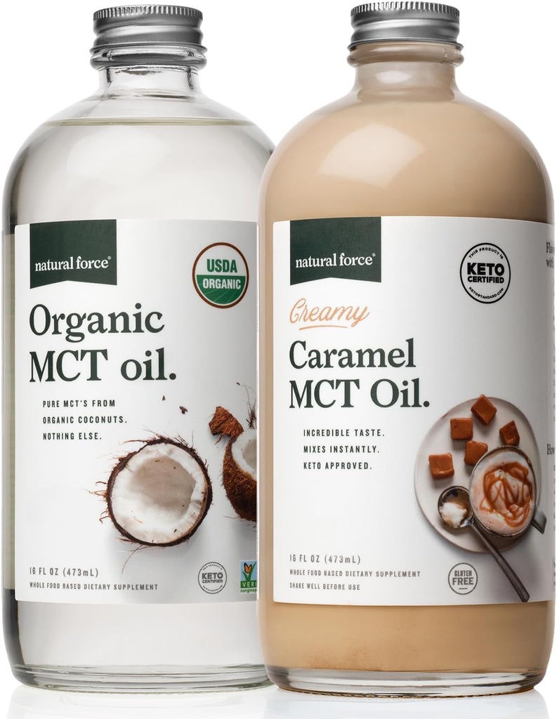 MCT de caramelo cremoso de força natural Óleo + espectro orgânico completo MCT Óleo – Sem glúten, Não OGM, 100% puro coco MCTs de cocos orgânicos – Keto, Paleo, e Vegan – 2x 16 Ounce garrafas de vidro
