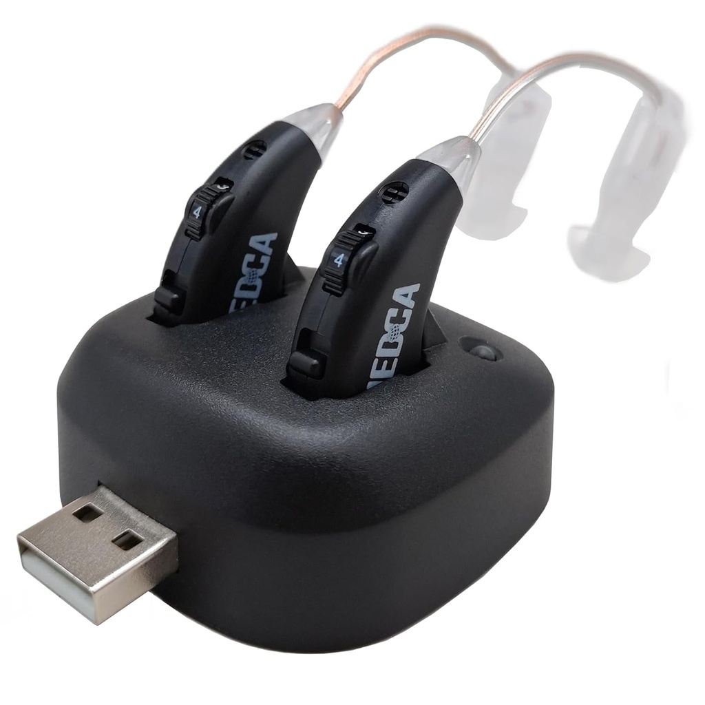 Amplificadores auditivos digitais - Recarregável Premium BTE Personal Sound Amplificador Par com USB Dock, Atrás dos dispositivos de realce auditivo auditivo com longa duração da vida da bateria, preto
