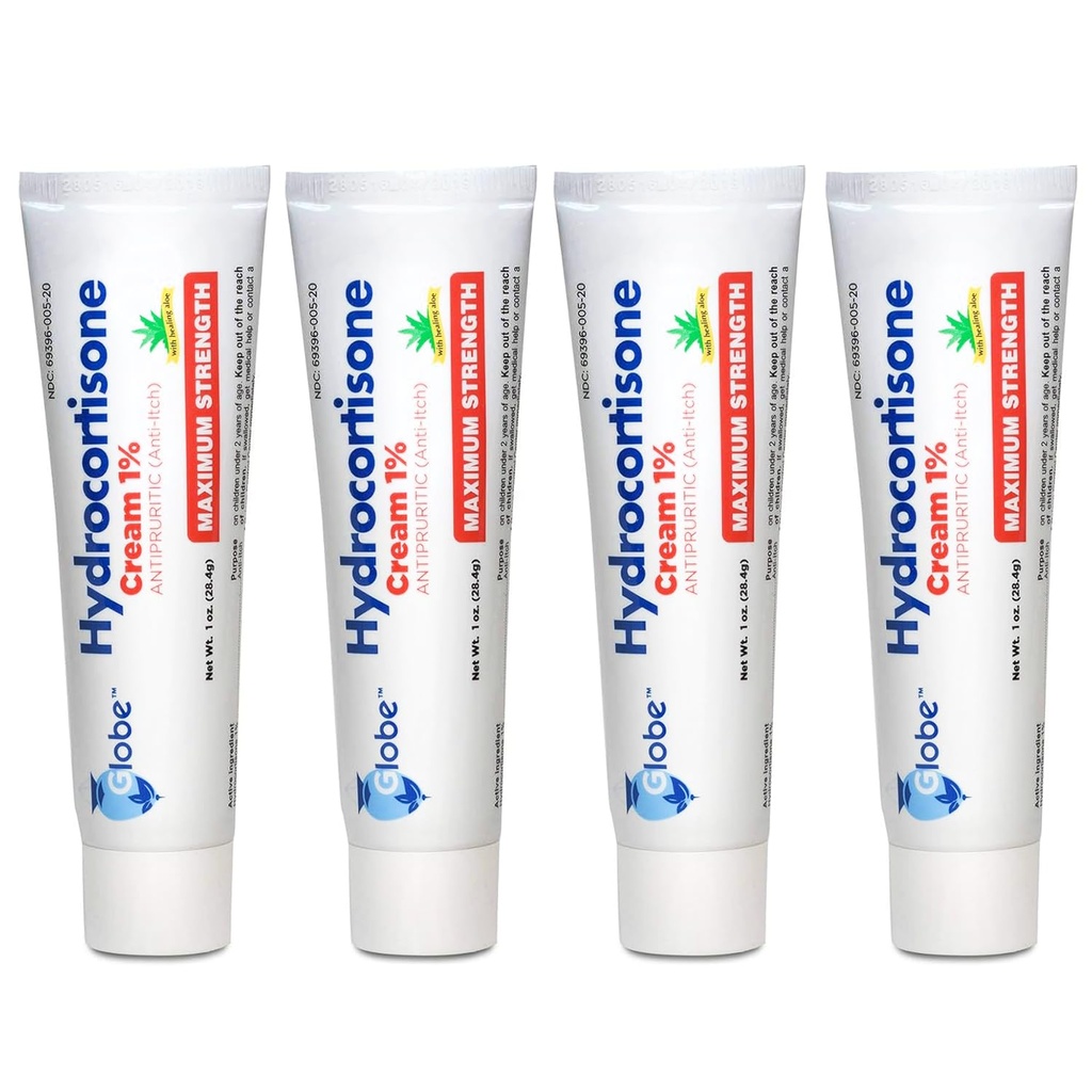 Globe (4 Pack) Hidrocortisona Anti-Itch Cream de força máxima 1% w/Aloe, Fórmula Intensiva para Vermelhidão, Erupção cutânea, Bug & Mosquito Bites, Eczema, Hemorróidas, Pele Sensível, Itch instantâneo alívio,1 oz tubo