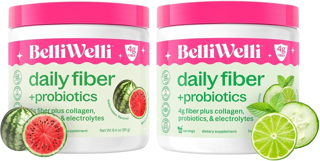 Bloco de suplemento de fibra diária de Belli Welli - Menta de limão de pepino e melancia - com colagénio, probióticos e eletrólitos - sabores de bem-estar refrescantes, 32 Total Servings