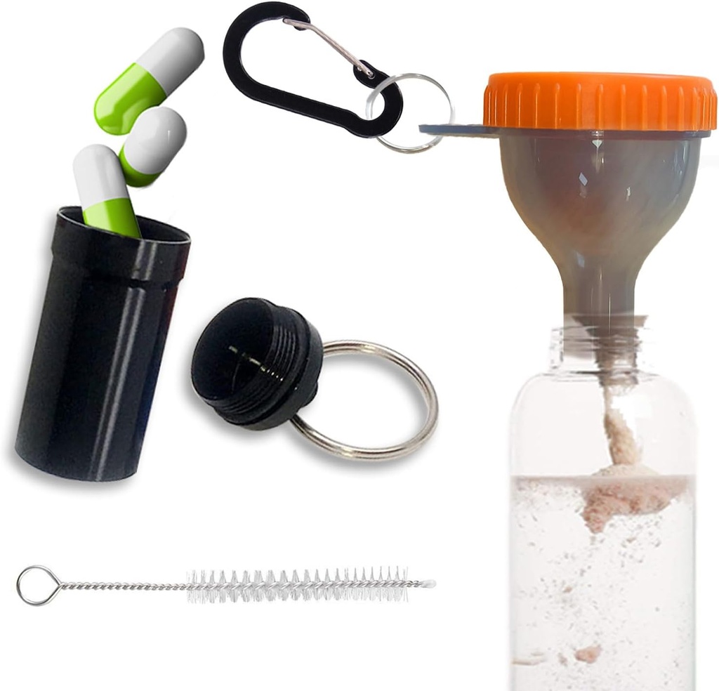 Funil de proteína definido de viagem recipientes de pó de proteína com 1 Carabiner 1 escova e 1 mini caixa de pílulas de bolso reforçado para evitar espigas ginásio pré-trabalho Suplemento de laranja pó funis