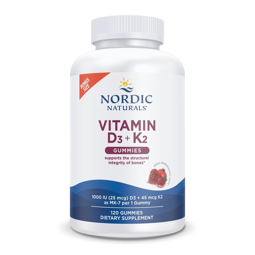 Naturals Nórdicos Vitamina D3 + K2 Gummies, Romã - 120 Gummies - 1000 UI Vitamina D3 + 45 mcg K2- Great Sabor - Saúde Óssea, Promove Função Muscular Saudável - Não-GMO - 120 Servings