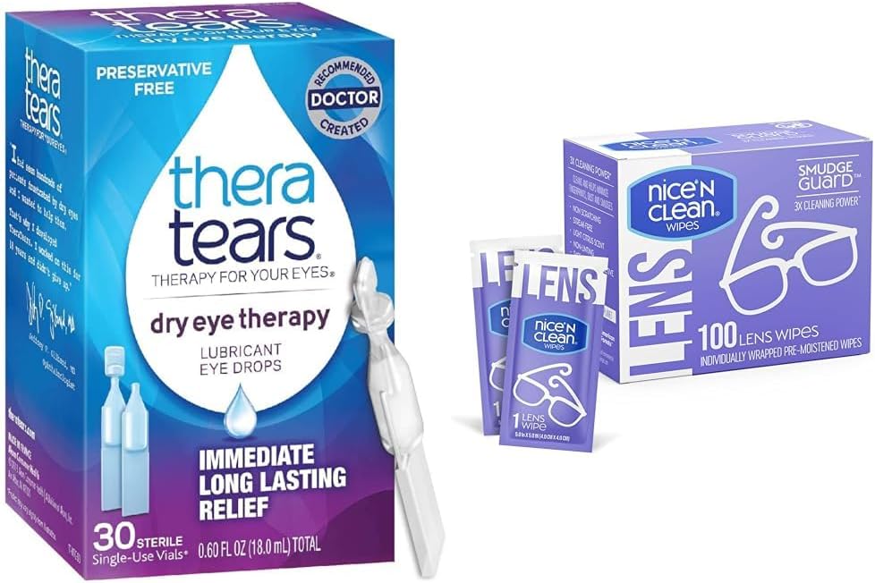 TheraTears Dry Eye Therapy Lubrificant Eye Drops, Preservative Free, 30 frascos e bom 'N Clean SmudgeGuard Lens Cleaning Wipes, 100 Wipes