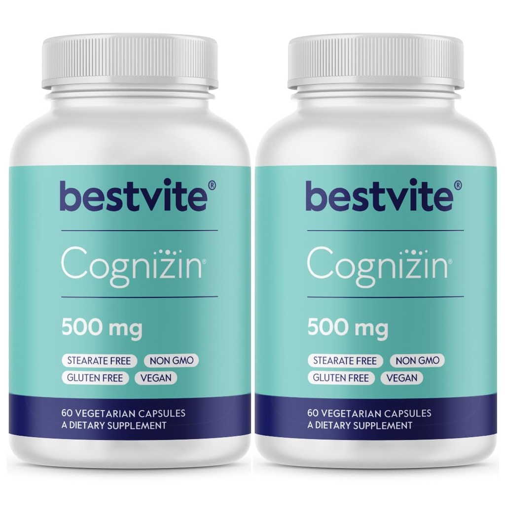 BESTVITE Cognizin Citicoline 500mg (120 Cápsulas vegetarianas) (60x2) - Clinicamente Estudado Premium Choline Nootropic - Sem Stearates - Vegan - Gluten Free - Suplementos do cérebro para memória e foco