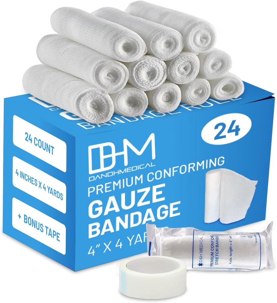 Pacote médico D&H de 24 Gauze Bandage Roll 4 polegadas x 4 jardas - Envoltório médico Gauze para cuidados de feridas - Rolos de manga de algodão fácil de usar para aperto de mão
