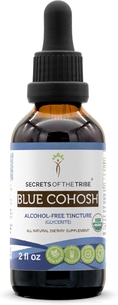 Segredos da tribo azul Cohosh USDA Orgânico Alcohol-Free Tintura (Glicerite) Responsavelmente cultivado Blue Cohosh (Caulophyllum Thalictroides) Raíz seca (2 Fl Oz) Suplemento de Saúde da Mulher