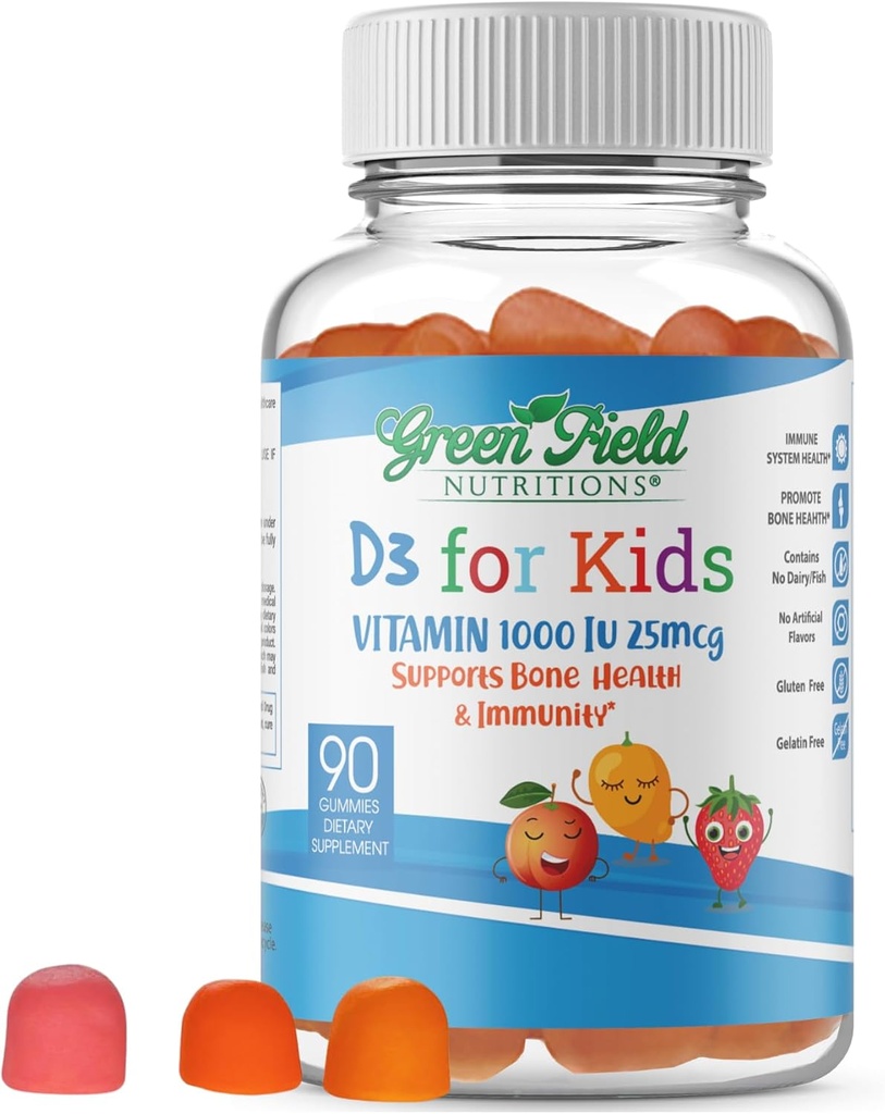Greenfield Nutrições Halal Vitamina D3 para crianças – 1000 UI – 90 chicletes □ Chewable Kids Suplemento D Supplement Suporta Sistema Ósseo e Imune □ Não-GMO, Gelatina-livre, sem glúten