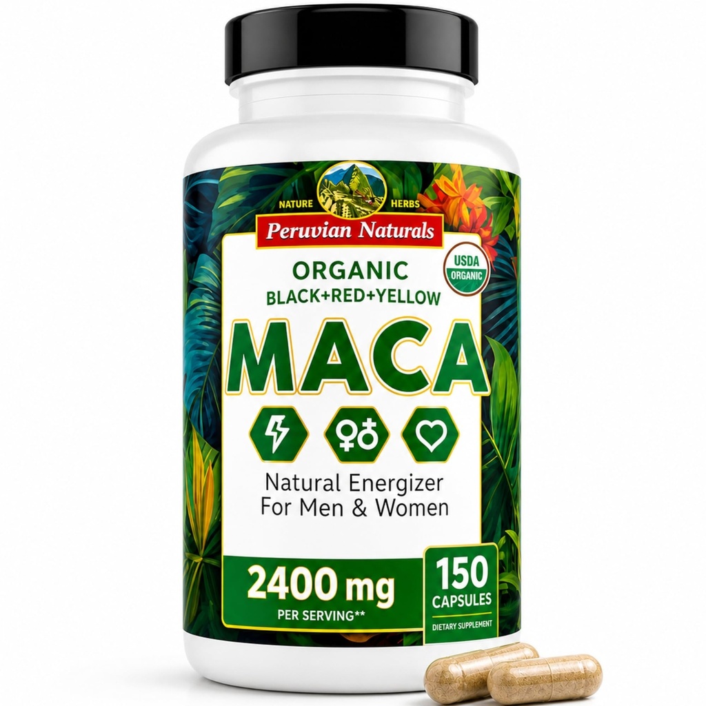 Cápsulas Orgânicas de Maca Raiz para Mulheres e Homens 2400mg por Serviço - 150 comprimidos Preto, Vermelho, Amarelo Suplemento Maca - Macaroot gelatinized, Não-GMO, Vegan por Peruana Naturals