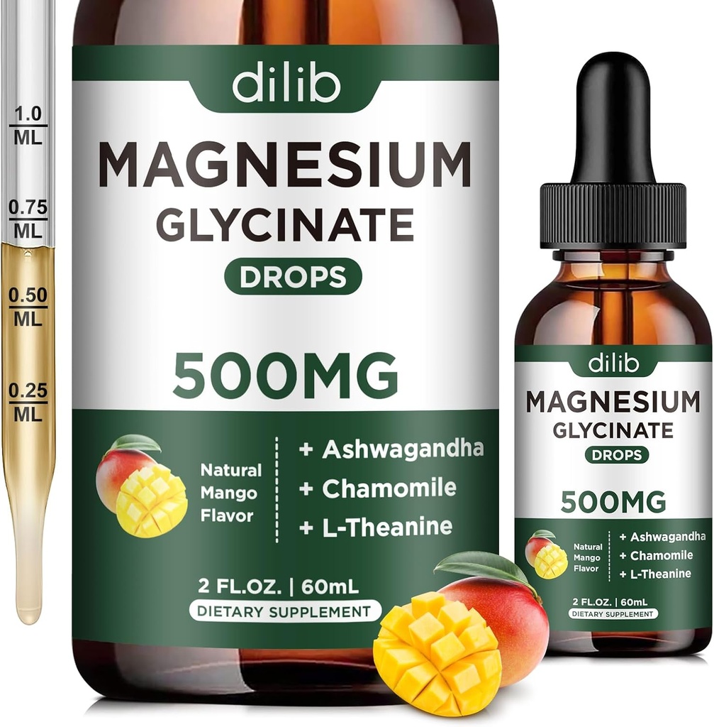 Suplemento de glicinato de magnésio, gotas líquidas de magnésio com glicinato de magnésio 500mg Ashwagandha, L - Theanina, Camomila -Support Stress Relief, osso, músculo, humor Vegan Natural Mango Flavor