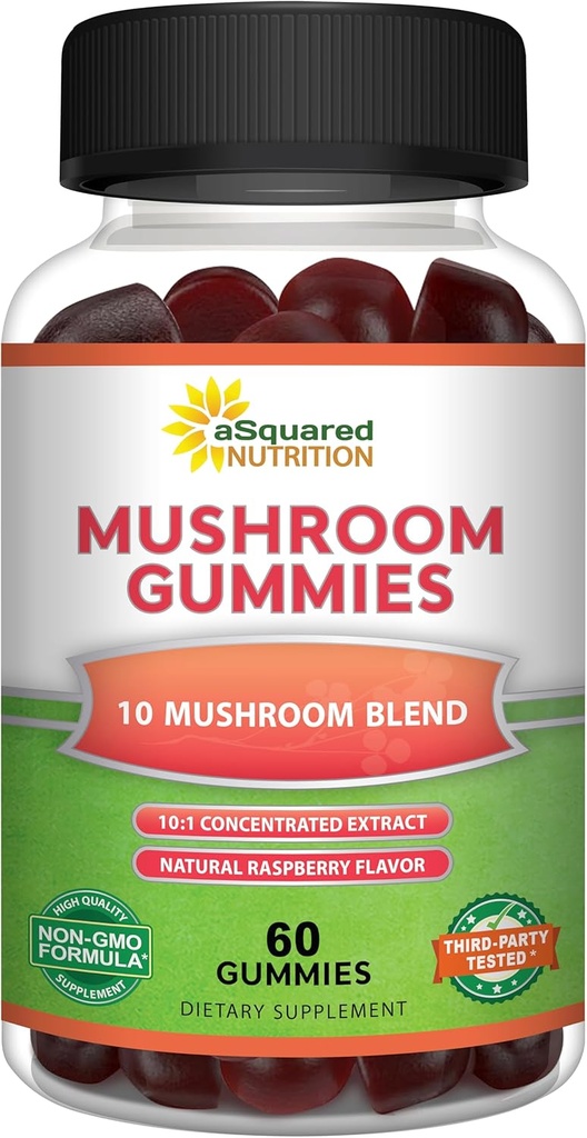 aSquared Nutrition Mushroom Gummies - 10x Complex Supplement - Lions Mane, Turkey Tail, Reishi, Cordyceps, Chaga - Energia, Foco, Suporte Imune para Homens e Mulheres - Substituir Pó, Cápsulas e Comprimidos