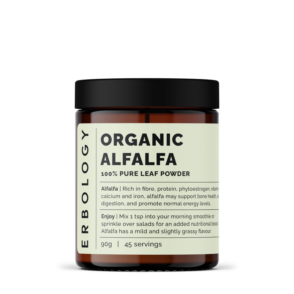Erbologia Orgânico Alfalfa Pó 3,2 oz - 45 Servões - Suporta Saúde Osso e Gut - Rico em Vitamina A, Cálcio e Ferro - Sustentável Fonte Direto da Fazenda - Pequeno Batch - Vegan - GMO-Free