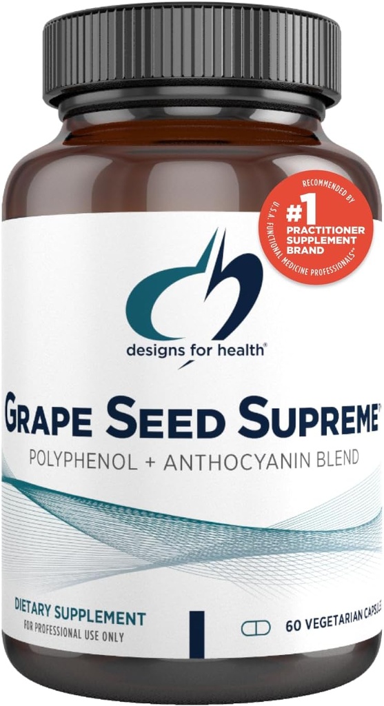 Designs para a saúde Sementes de uva Supreme - 200mg Extrato de uva Suplemento com pele de uva + Uva Muscadina - Polifenol não-GMO + Antocianina Antioxidante Mistura (60 Cápsulas)