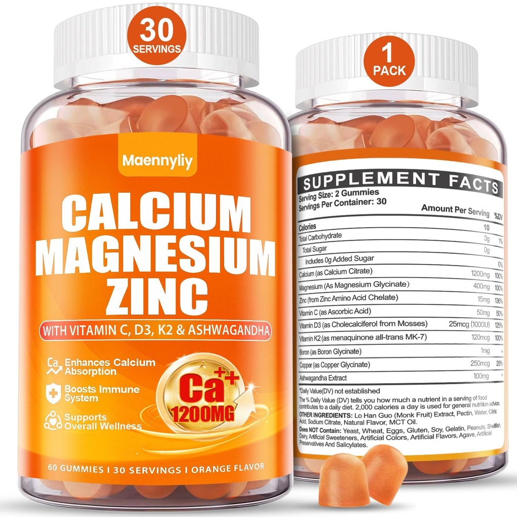 Cálcio 1200 mg com pastilhas de vitamina D3 para adultos - Citrato de cálcio com vitamina D3 K2, Magnésio, Zinco, Borão, Cobre e Ashwagandha - Extra Absorção Suplemento de cálcio para mulheres