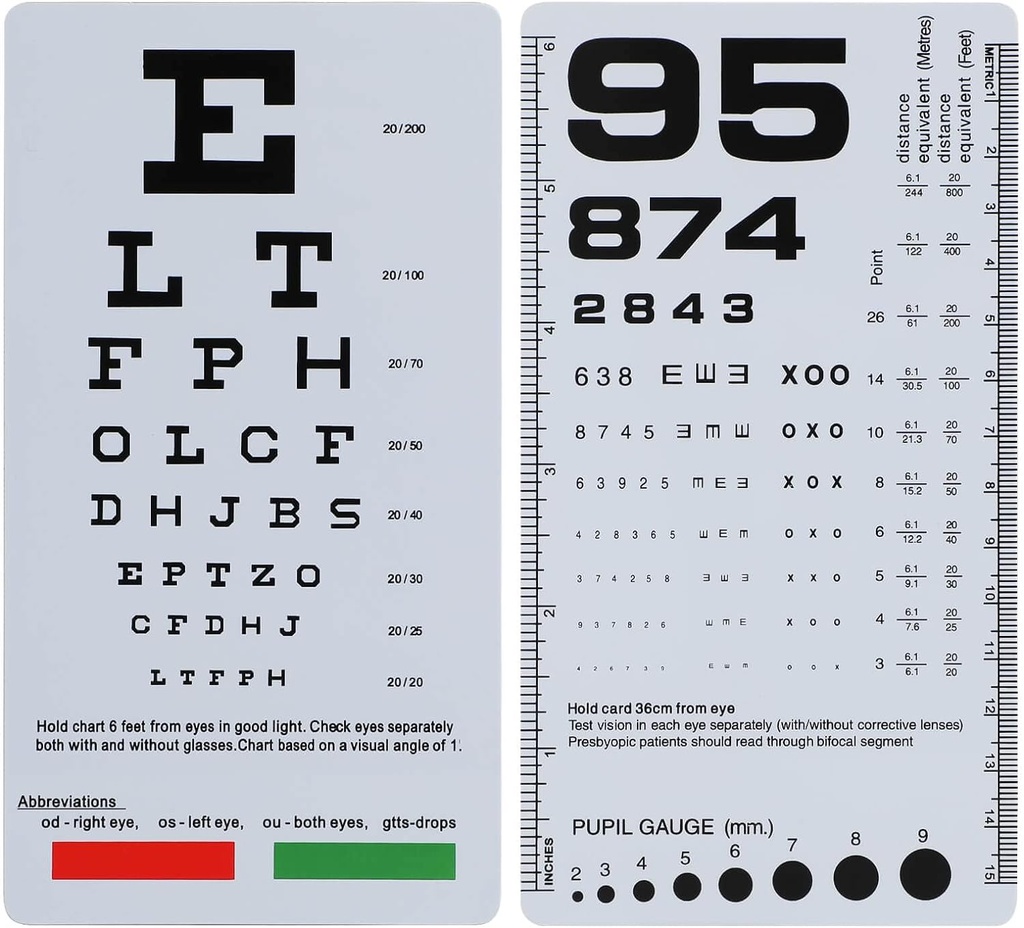 NOYOC 2 Pack Pocket Eye Chart, 2 em 1 Snellen & Rosenbaum Chart, 6.5x3.5 Inches, Handheld dupla face cartão de visão baixa plástico para exames de olhos (2 Pack 6 Pés)