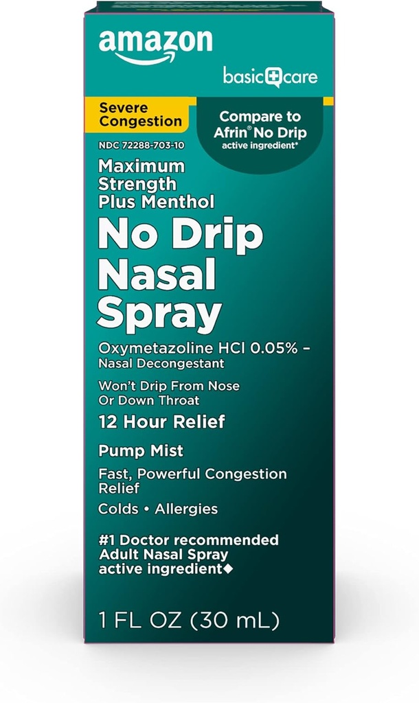 Cuidado Básico Sem Gotejamento Grave 12 horas Bomba Descongestionante Nasal Mist, Esteróide Livre, Força Máxima Mais Mentol 1 fl oz (Pacote de 1)