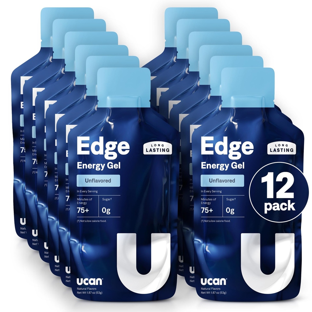 UCAN Edge Energy Gel Shots, Sem sabor (12, 2 pacotes de onça) para a corrida, Treinamento, Treino, Fitness, Ciclismo, Crossfit, Sugar-Free, Vegan, & Keto Friendly Energia